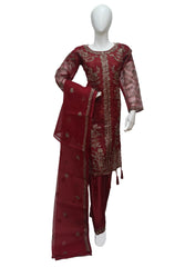 3 PIECE EMBROIDERED ORGANZA SUIT IN RED COLOR