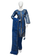 3 PIECE EMBROIDERED ORGANZA SUIT IN BLUE COLOR