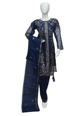 3 PIECE EMBROIDERED ORGANZA SUIT IN DARK BLUE COLOR