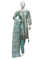 3 PIECE EMBROIDERED ORGANZA SUIT IN SEA GREEN COLOR