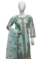 3 PIECE EMBROIDERED ORGANZA SUIT IN SEA GREEN COLOR