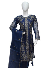 3 PIECE EMBROIDERED ORGANZA SUIT IN DARK BLUE COLOR