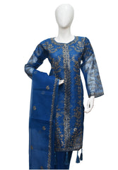 3 PIECE EMBROIDERED ORGANZA SUIT IN BLUE COLOR