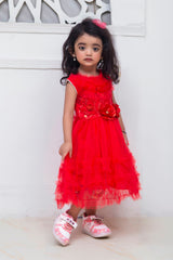 FLORAL FANCY FROCK IN RED COLOR MADE WITH IMPORTED NET FABRIC