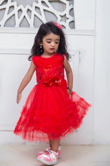 FLORAL FANCY FROCK IN RED COLOR MADE WITH IMPORTED NET FABRIC