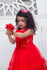 FLORAL FANCY FROCK IN RED COLOR MADE WITH IMPORTED NET FABRIC