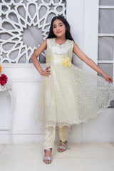 FANCY 3D EMBROIDERED FROCK IN CREAM COLOR MADE WITH IMPORTED NET FABRIC