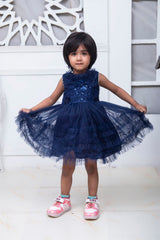 FLORAL FANCY FROCK IN NAVY BLUE COLOR MADE WITH IMPORTED NET FABRIC