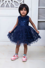 FLORAL FANCY FROCK IN NAVY BLUE COLOR MADE WITH IMPORTED NET FABRIC