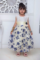 FANCY 3D EMBROIDERED BLUE FLOWER DESIGN FROCK IN CREAM COLOR MADE WITH IMPORTED NET FABRIC