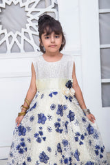 FANCY 3D EMBROIDERED BLUE FLOWER DESIGN FROCK IN CREAM COLOR MADE WITH IMPORTED NET FABRIC