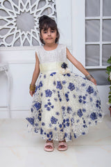 FANCY 3D EMBROIDERED BLUE FLOWER DESIGN FROCK IN CREAM COLOR MADE WITH IMPORTED NET FABRIC