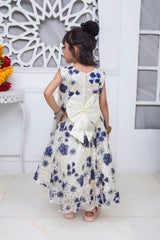 FANCY 3D EMBROIDERED BLUE FLOWER DESIGN FROCK IN CREAM COLOR MADE WITH IMPORTED NET FABRIC