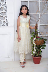 FANCY 3D EMBROIDERED FROCK IN CREAM COLOR MADE WITH IMPORTED NET FABRIC