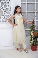 FANCY 3D EMBROIDERED FROCK IN CREAM COLOR MADE WITH IMPORTED NET FABRIC