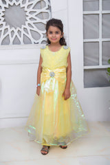 FANCY SHINNING FROCK IN YELLOW COLOR MADE WITH IMPORTED TISSUE FABRIC