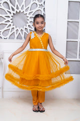 FRILL STYLE FROCK IN ORANGE PEEL COLOR MADE WITH IMPORTED NET FABRIC