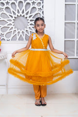 FRILL STYLE FROCK IN ORANGE PEEL COLOR MADE WITH IMPORTED NET FABRIC