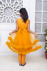 FRILL STYLE FROCK IN ORANGE PEEL COLOR MADE WITH IMPORTED NET FABRIC