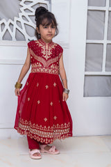 EMBROIDERED FANCY FROCK IN PINKISH-RED COLOR MADE WITH IMPORTED CHIFFON FABRIC