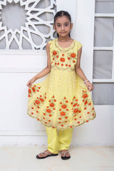 EMBROIDERED FANCY FLOWER DESIGN FROCK IN YELLOW COLOR MADE WITH IMPORTED CHIFFON FABRIC