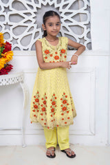 EMBROIDERED FANCY FLOWER DESIGN FROCK IN YELLOW COLOR MADE WITH IMPORTED CHIFFON FABRIC