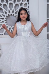 FANCY 3D EMBROIDERED FROCK IN WHITE COLOR MADE WITH IMPORTED NET FABRIC