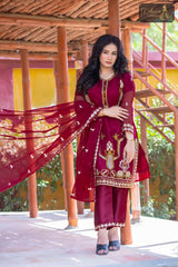 3 PIECE ORGANZA EMBROIDERED DESIGNER SUIT IN RED COLOR