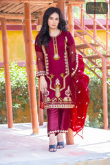 3 PIECE ORGANZA EMBROIDERED DESIGNER SUIT IN RED COLOR