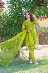 3 PIECE ORGANZA EMBROIDERED DESIGNER SUIT IN GREEN COLOR