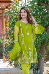 3 PIECE ORGANZA EMBROIDERED DESIGNER SUIT IN GREEN COLOR