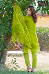 3 PIECE ORGANZA EMBROIDERED DESIGNER SUIT IN GREEN COLOR