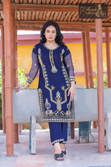 3 PIECE ORGANZA EMBROIDERED DESIGNER SUIT IN DARK BLUE COLOR