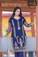 3 PIECE ORGANZA EMBROIDERED DESIGNER SUIT IN DARK BLUE COLOR