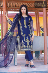 3 PIECE ORGANZA EMBROIDERED DESIGNER SUIT IN DARK BLUE COLOR