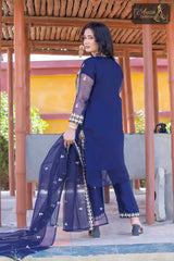 3 PIECE ORGANZA EMBROIDERED DESIGNER SUIT IN DARK BLUE COLOR