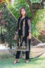 3 PIECE ORGANZA EMBROIDERED DESIGNER SUIT IN BLACK COLOR