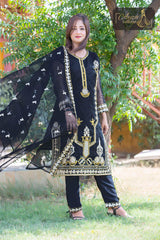 3 PIECE ORGANZA EMBROIDERED DESIGNER SUIT IN BLACK COLOR