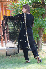 3 PIECE ORGANZA EMBROIDERED DESIGNER SUIT IN BLACK COLOR