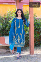 3 PIECE ORGANZA EMBROIDERED DESIGNER SUIT IN BLUE COLOR