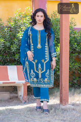 3 PIECE ORGANZA EMBROIDERED DESIGNER SUIT IN BLUE COLOR