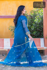 3 PIECE ORGANZA EMBROIDERED DESIGNER SUIT IN BLUE COLOR