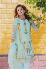 3 PIECE ORGANZA EMBROIDERED DESIGNER SUIT IN PISTA COLOR