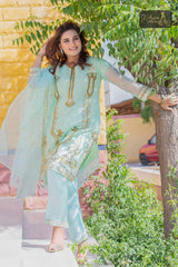 3 PIECE ORGANZA EMBROIDERED DESIGNER SUIT IN PISTA COLOR