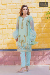 3 PIECE ORGANZA EMBROIDERED DESIGNER SUIT IN PISTA COLOR