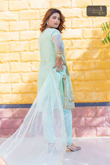 3 PIECE ORGANZA EMBROIDERED DESIGNER SUIT IN PISTA COLOR