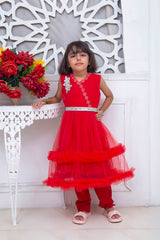 FRILL STYLE FROCK IN RED COLOR MADE WITH IMPORTED NET FABRIC