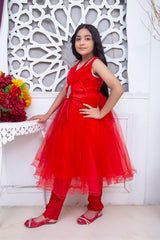 FANCY FROCK IN RED COLOR MADE WITH IMPORTED NET FABRIC