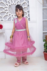 FRILL STYLE FROCK IN PURPLISH PINK COLOR MADE WITH IMPORTED NET FABRIC