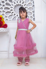 FRILL STYLE FROCK IN PURPLISH PINK COLOR MADE WITH IMPORTED NET FABRIC